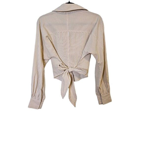 ACOA white and tan striped long sleeved button down crop top with tie waist. Siz - Picture 3 of 5